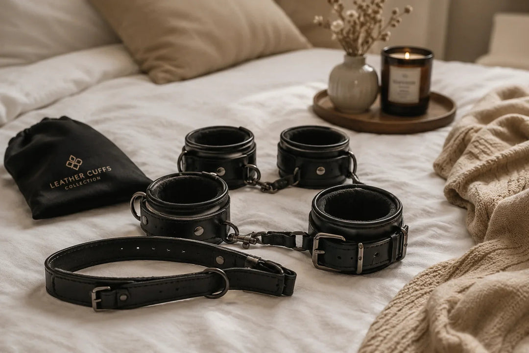 Handmade leather cuffs and bondage restraint set with a carrying bag on a white bed.