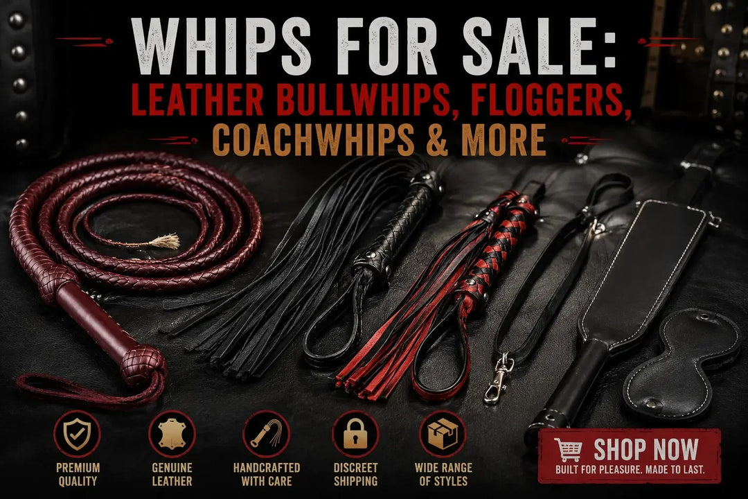 Premium handmade leather bullwhips, floggers, and coachwhips for sale on a dark background.