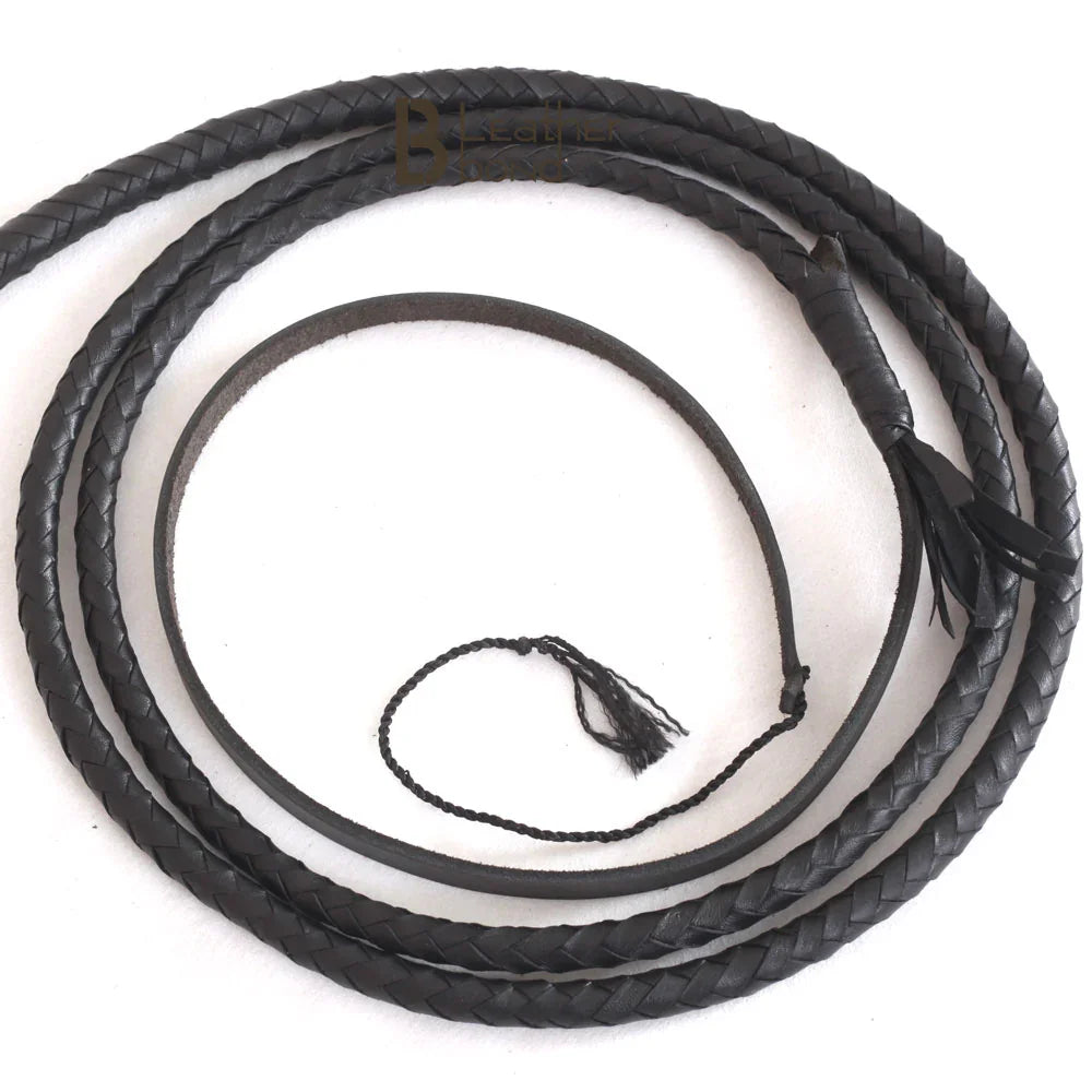 Black Leather Bullwhip 3ft, 4ft, 6ft & 8ft – 8 Plait Handmade Real Cowhide Rope Core Whip - Leather Bond