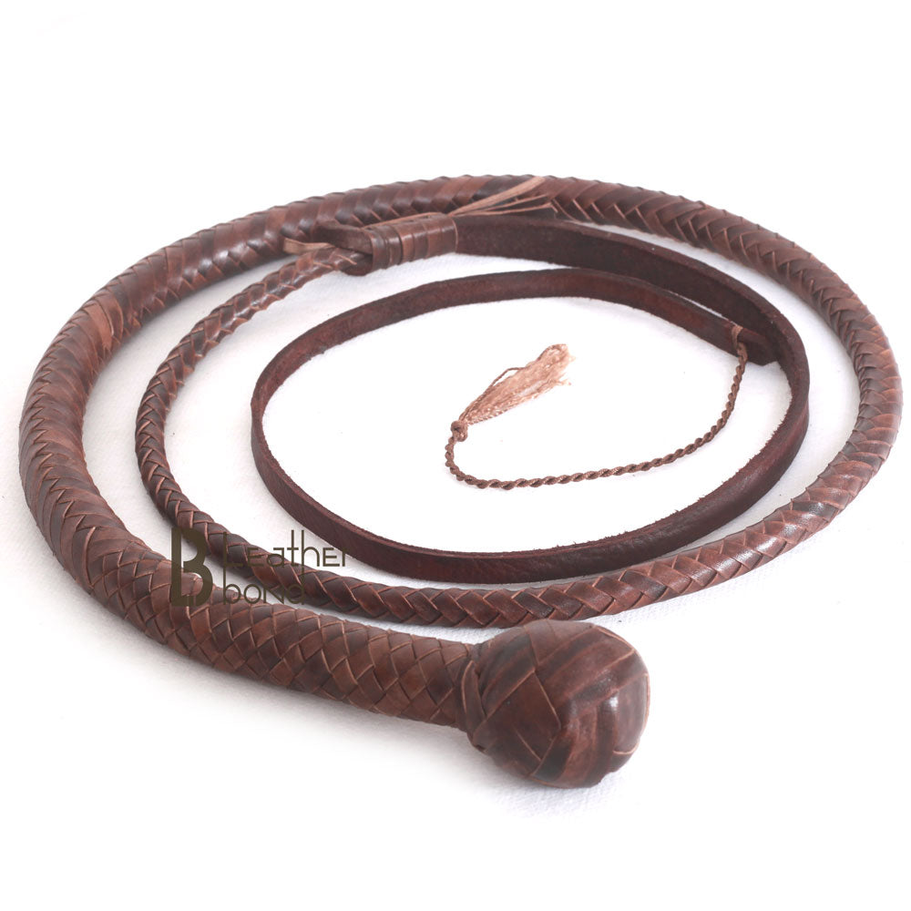 Kangaroo Hide Leather & Shot Loaded Snake Whip 4, 5, 6 or 8 Feet 12 Strands Dark Brown