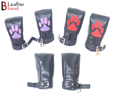Real Cow Hide Leather Fist Mitts Gloves Restraint Bondage Lockable 2 Pieces  Full Black, Red Paws, Purple Paws