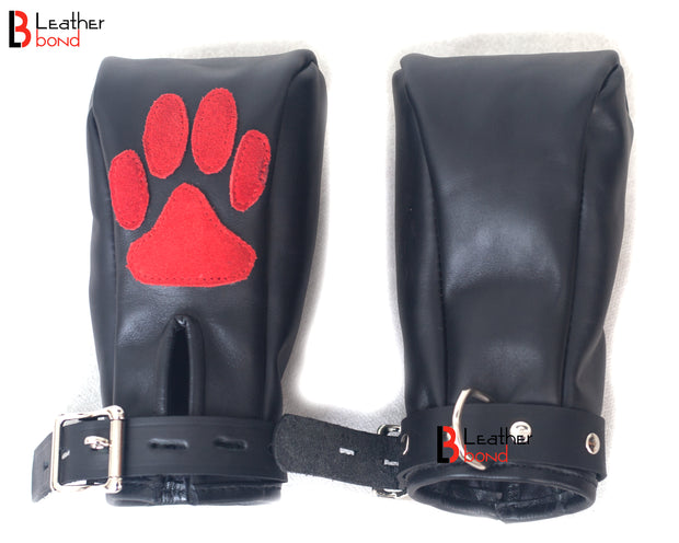 Real Cow Hide Leather Fist Mitts Gloves Restraint Bondage Lockable 2 Pieces  Full Black, Red Paws, Purple Paws