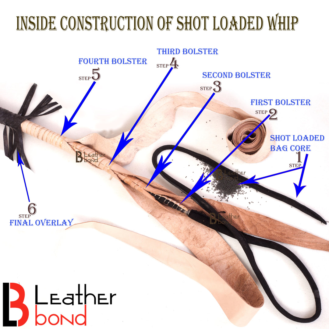 Kangaroo Hide Leather & Shot Loaded Snake Whip 4, 5, 6 or 8 Feet 12 Strands Dark Brown