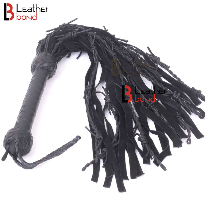 Black leather flogger with braided handle on a white background, branded 'Leather Bond'.