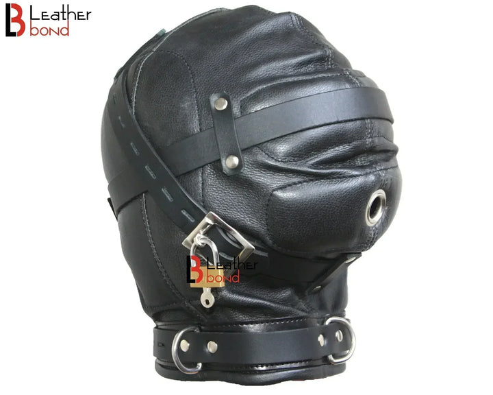 Leather Bond cowhide leather padded sensory deprivation hood with lockable straps