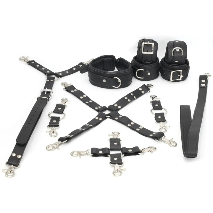 11-Piece Cowhide Leather Bondage Kit Collar, Ankle & Wrist Cuffs, Hogties, Leash & Connectors | Couples BDSM Set