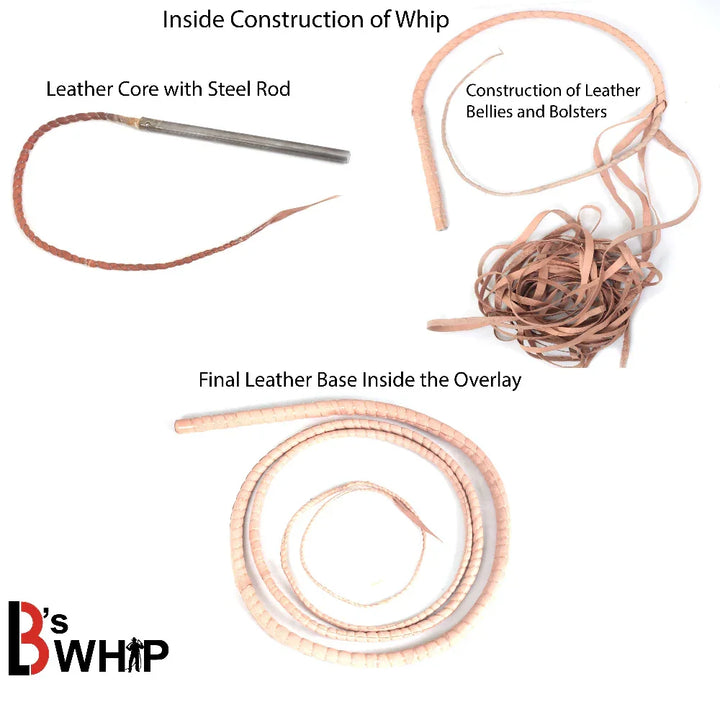 Showing the construction of a whip with leather core, steel rod, and leather base.