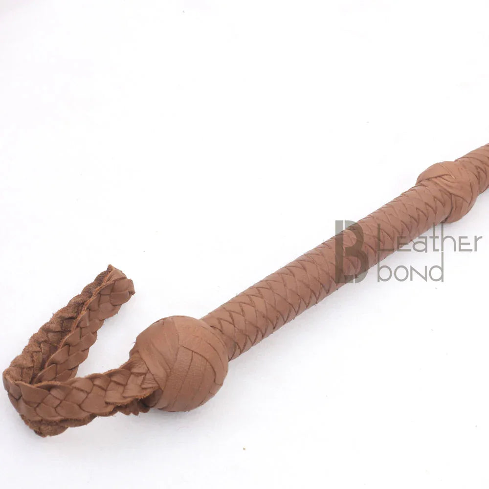 Close-up of leather bullwhip handle – LB Whip genuine cowhide 8-plait braiding with Turks head knot and wrist loop, Indiana Jones prop style