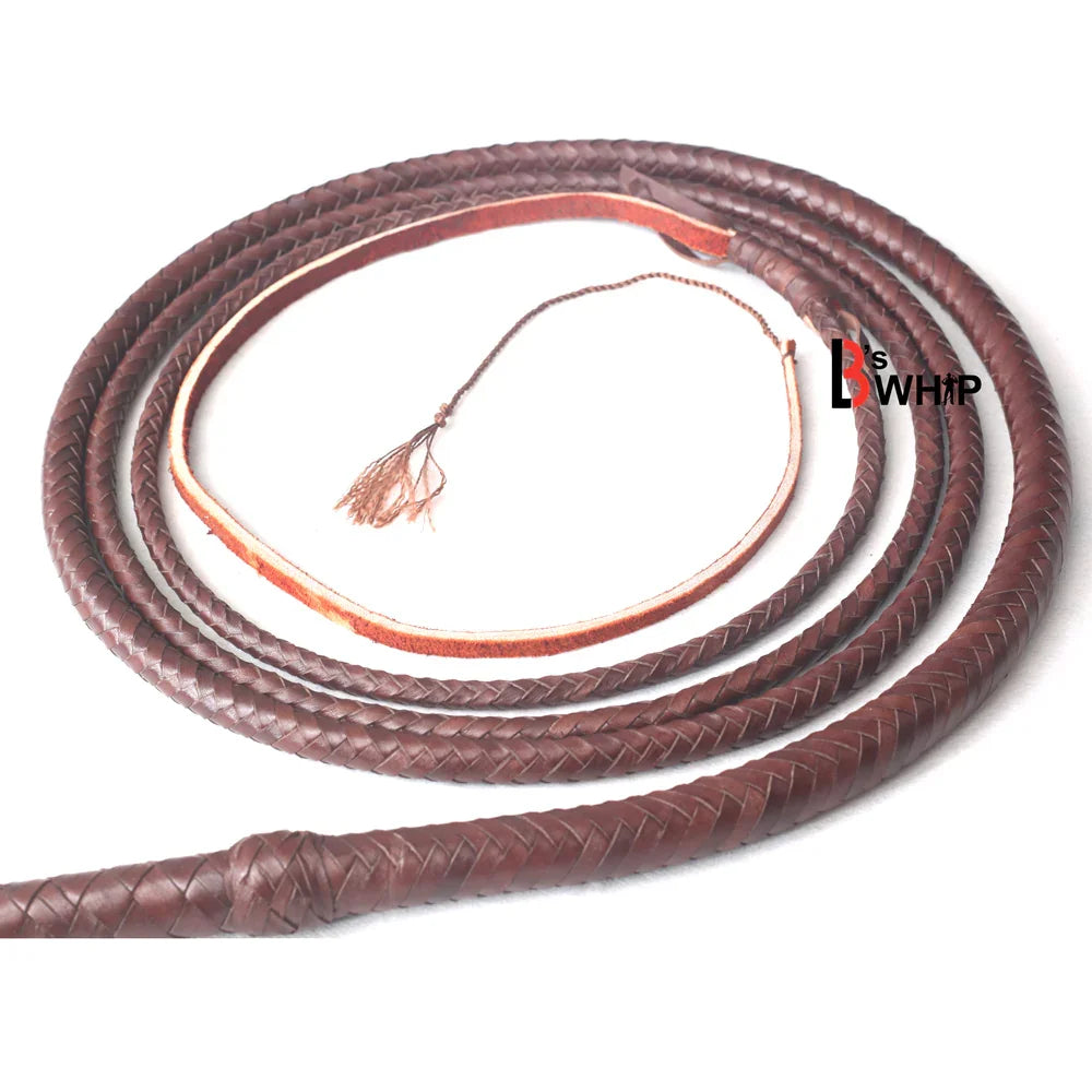 Close-up of the hand-braided 16-plait kangaroo hide bullwhip, highlighting the tight dark brown leather braiding