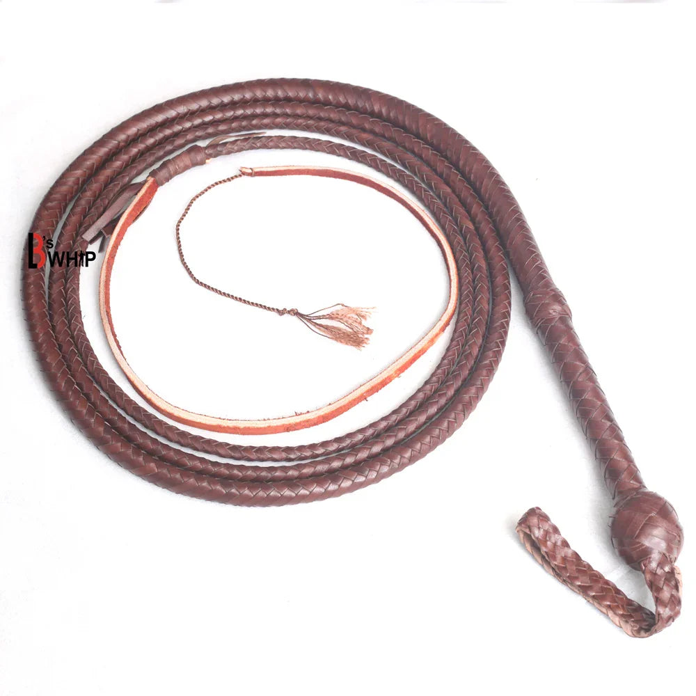 Full view of a dark brown 16-strand kangaroo leather bullwhip (Indiana Jones style) showing the entire length