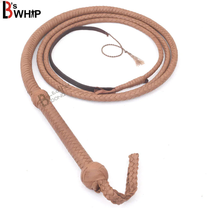 Indiana Jones style 8ft natural tan leather bullwhip by Leather Bond – genuine cowhide, rope core, handmade, perfect for whip cracking and props