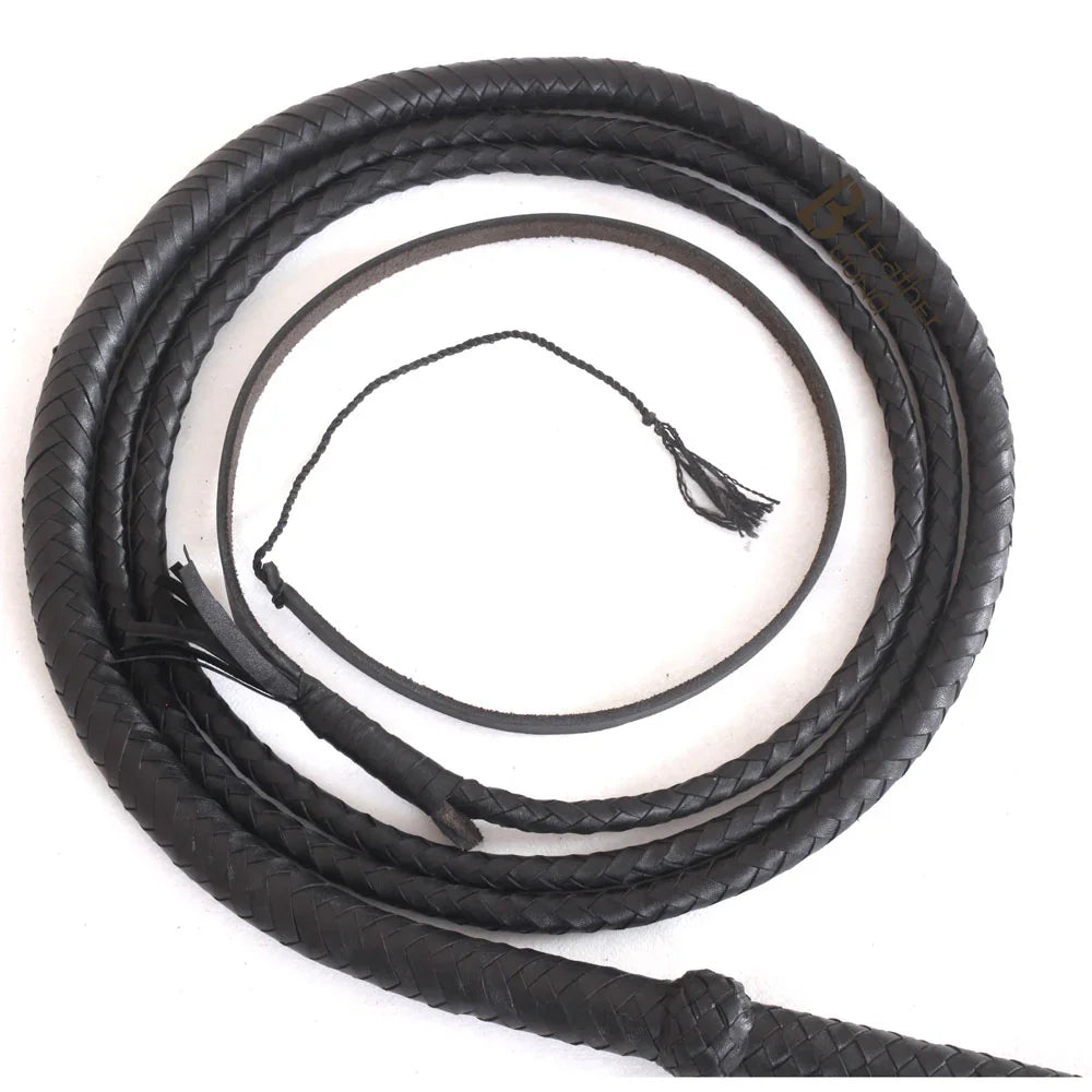 Black Leather Bullwhip 3ft, 4ft, 6ft & 8ft – 8 Plait Handmade Real Cowhide Rope Core Whip - Leather Bond