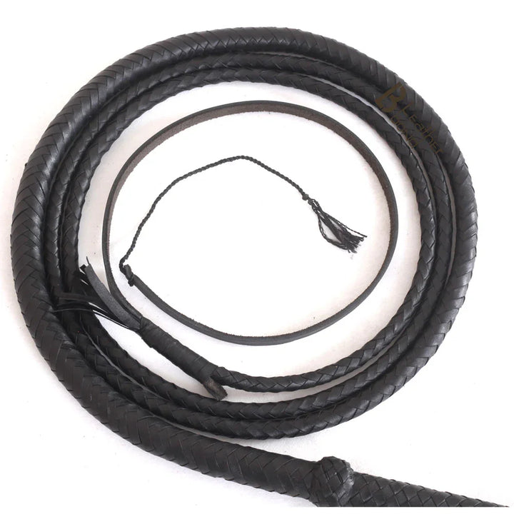 Black Leather Bullwhip 3ft, 4ft, 6ft & 8ft – 8 Plait Handmade Real Cowhide Rope Core Whip - Leather Bond