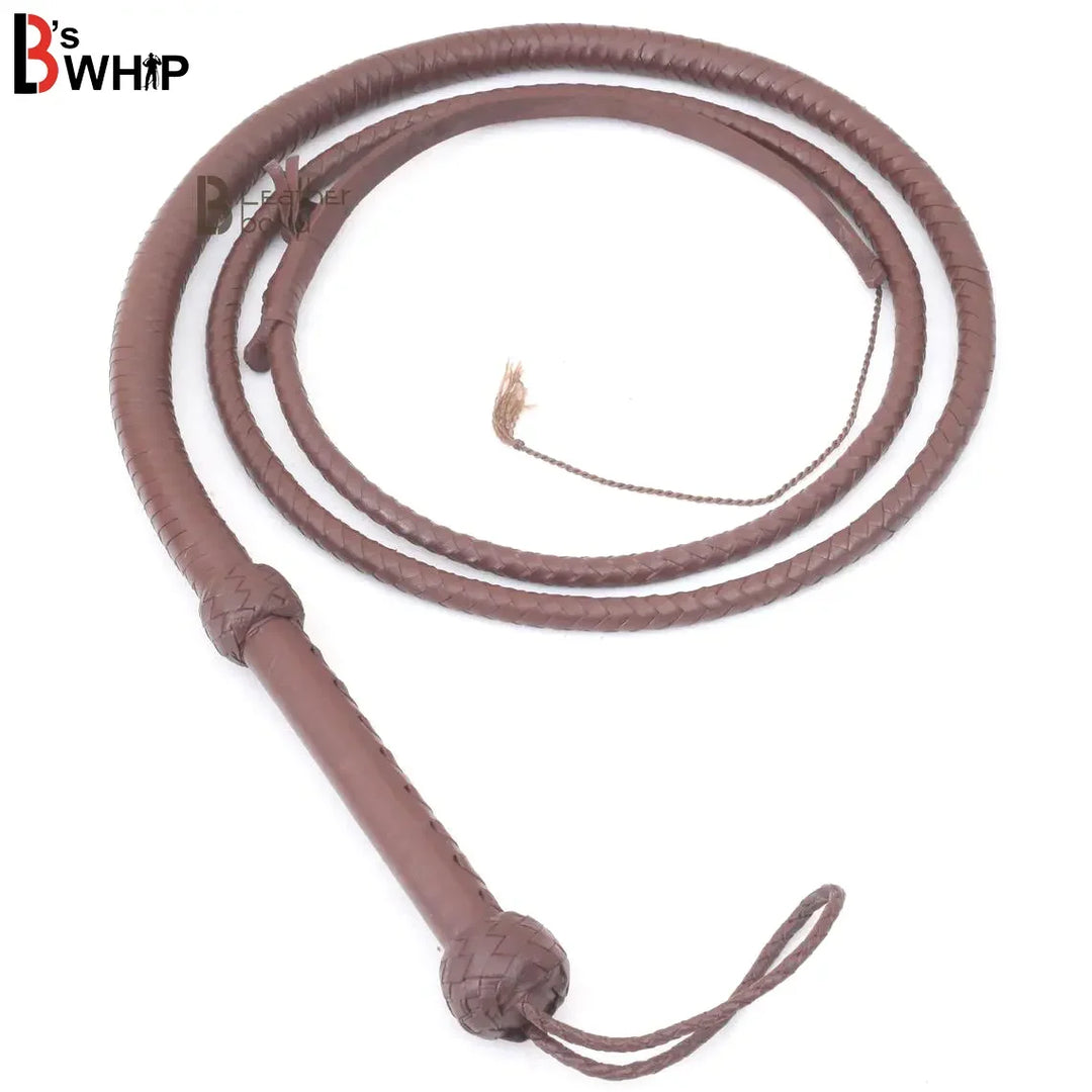 Dark brown leather bullwhip for whip cracking and training.