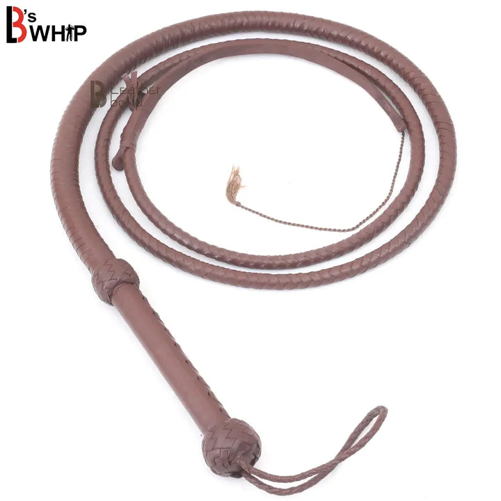 Dark brown leather bullwhip for whip cracking and training.