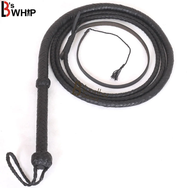 Black Leather Bullwhip 3ft, 4ft, 6ft & 8ft – 8 Plait Handmade Real Cowhide Rope Core Whip - Leather Bond