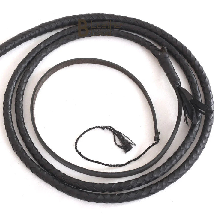Coiled 8ft black leather bullwhip – LB’s Whip premium handmade rope core whip for equestrian training, cosplay, and collectors