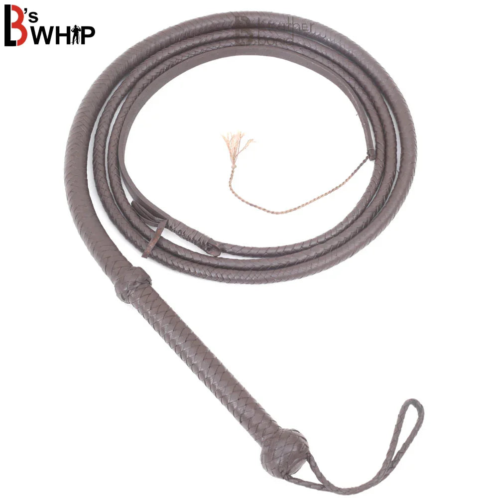 Handmade dark brown leather bullwhip 6ft cowhide 8 plait rope core by Leather Bond for whip cracking and cosplay