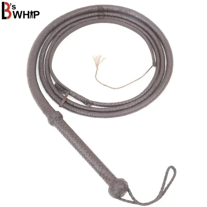 LB's Whip dark brown 8 plait genuine cowhide leather bullwhip coiled on white background