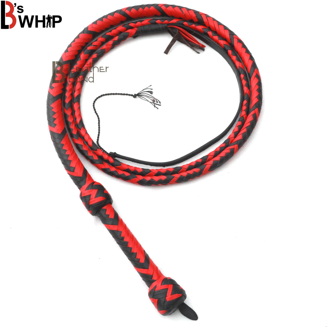 Handmade red & black leather bullwhip 6ft, 16 plait rope core whip by Leather Bond for whip cracking, cosplay and hobby