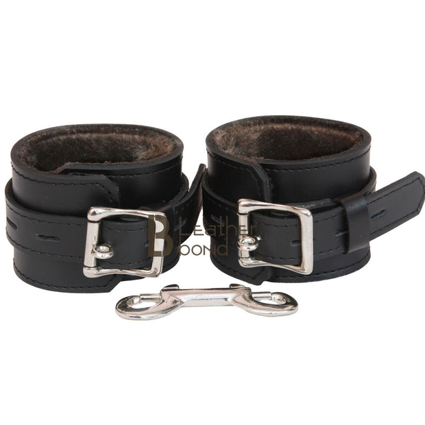 Real Cowhide Leather Wrist Cuffs Set Restraint Bondage Set with Connector Black 2 Piece Fur Lining - Leather Bond