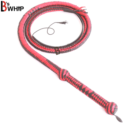 Indiana Jones Style 8 Foot 12 Plaits Bullwhip Real Genuine Cowhide Leather Bull Whip Red & Black - Leather Bond