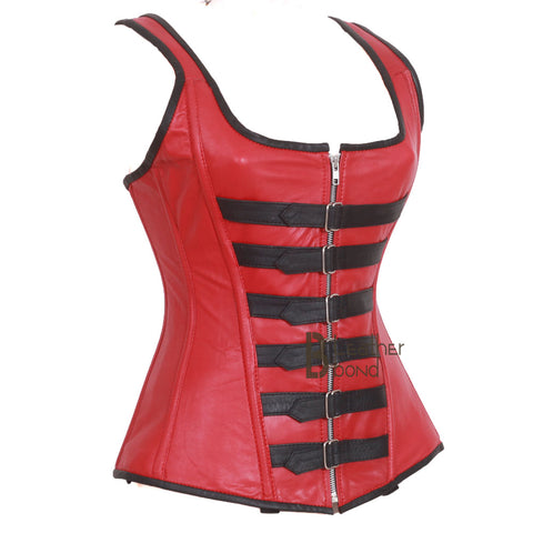 Genuine Real Sheep Leather & Stainless Steel Spiral Bones Over Bust Corset Red