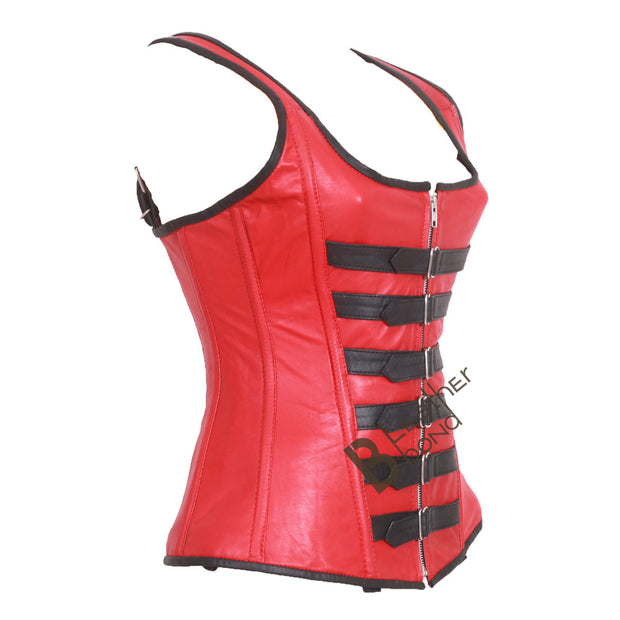 Genuine Real Sheep Leather & Stainless Steel Spiral Bones Over Bust Corset Red