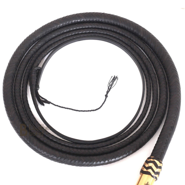 Bull Whip 6, 8, 10, 12, 14 & 16 Feet long 16 Strands Black Kangaroo Hide Leather Equestrian Bullwhip Gold Accents & Ferrule Leather Belly & Bolster Construction - Leather Bond