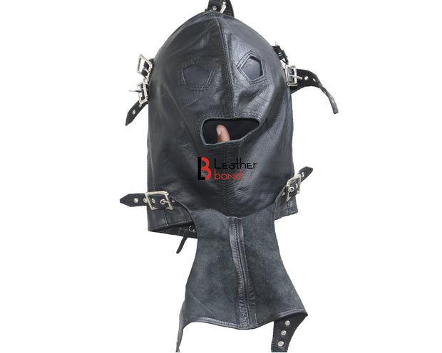Cowhide Leather Mask Hood Costume Reenactment Gear remove-able Blindfold & mouth cover