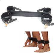 Real Cowhide Leather Padded Wrist & Ankle Cuffs Restraints with Spreader or Leg Spread Bar - Leather Bond