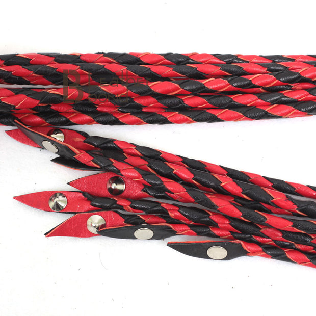 Real Genuine Cow Hide Leather Flogger Red & Black Cat O Nine Braided Falls Heavy Steel Studs - Leather Bond