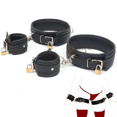 Real Cow Leather Wrist & Thigh Cuffs Set Restraint Bondage Lockable Set Black 4 Piece Padded Cuffs - Leather Bond