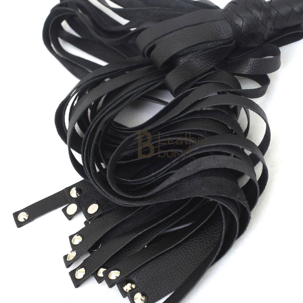Real Genuine Cow Hide Leather Flogger 25 Falls Black Heavy & Steel Studded - Leather Bond