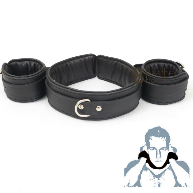 100% Genuine Cowhide Leather Neck Collar Wrist Cuffs Posture set Restraint Bondage BDSM - Leather Bond