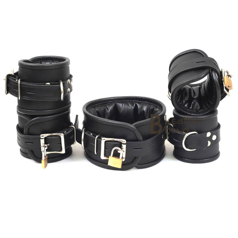 Real Cow Leather Wrist, Ankle Cuffs & Neck Set Restraint Bondage Lockable Set Black 5 Piece Padded Cuffs Lockable round edges - Leather Bond