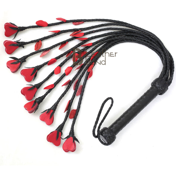 Real Genuine Cow Hide Leather Flogger 9 Braided Falls with Red Hearts Heavy Duty Cat-o-Nine Fully Handmade - Leather Bond