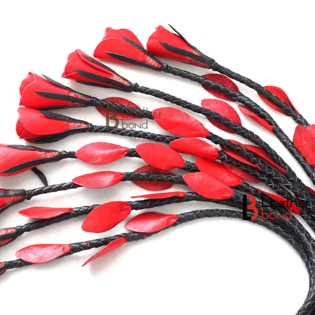 Real Genuine Cow Hide Leather Flogger 9 Braided Falls & Red Rose Heavy Duty Cat-o-nine Tails Flogger - Leather Bond