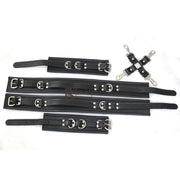 Real Cowhide Leather Wrist & Thigh Cuffs set Restraint Bondage Set Black 5 Piece set Fur line Cuffs with Hogtie - Leather Bond