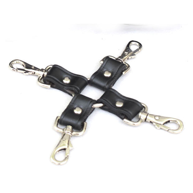 Real Cow Leather Wrist, Ankle Thigh Cuffs Collar Restraint Bondage Set Black Piece Padded Cuffs with Hogtie - Leather Bond