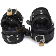 Real Cow Leather Wrist & Ankle Cuffs Set Restraint Bondage Lockable Set Black 4 Piece Padded Cuffs - Leather Bond