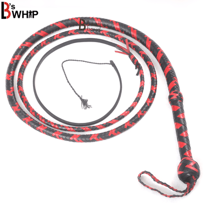Bull Whip 6, 8, 10, 12, 14 & 16 Feet long 16 Strands Kangaroo Hide Leather Equestrian Bullwhip Leather Belly and Bolster Inside, Indiana Jones Red and Black - Leather Bond
