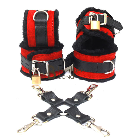 Real Cowhide Suede Leather Wrist and Ankle Cuffs Restraint Bondage Set Red & Black 5 Piece Padded Fluffy Fur Lining - Leather Bond