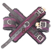 Real Cowhide Suede Leather Wrist and Ankle Cuffs Restraint Bondage Set Purple & Black 5 Piece Padded Fluffy Fur Lining - Leather Bond