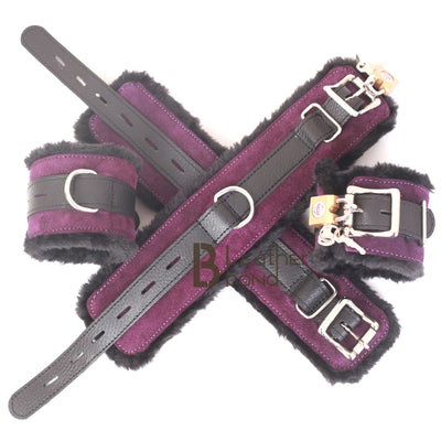 Real Cowhide Suede Leather Wrist and Ankle Cuffs Restraint Bondage Set Purple & Black 5 Piece Padded Fluffy Fur Lining - Leather Bond
