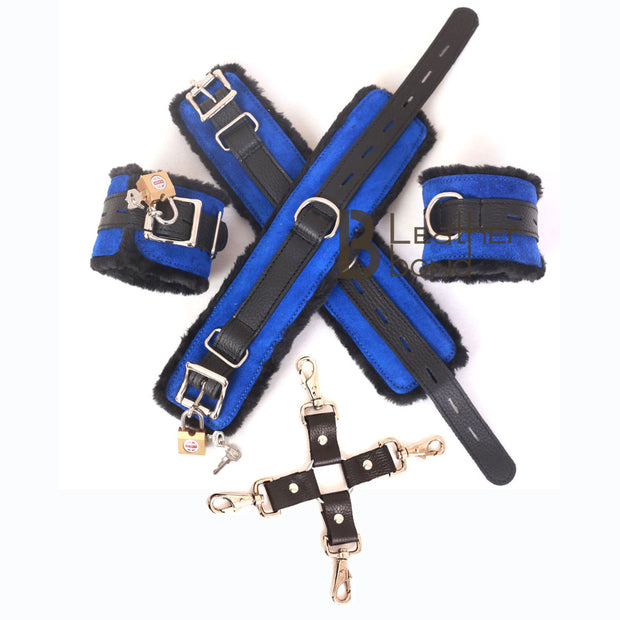 Real Cowhide Suede Leather Wrist and Ankle Cuffs Restraint Bondage Set Blue & Black 5 Piece Padded Fluffy Fur Lining - Leather Bond