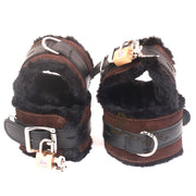 Real Cowhide Suede Leather Wrist and Ankle Cuffs Restraint Bondage Set Brown & Black 5 Piece Padded Fluffy Fur Lining - Leather Bond