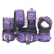 Real Cow Leather Wrist, Ankle Thigh Cuffs Collar Restraint Bondage Set Purple Black 7 Piece Padded Cuffs - Leather Bond