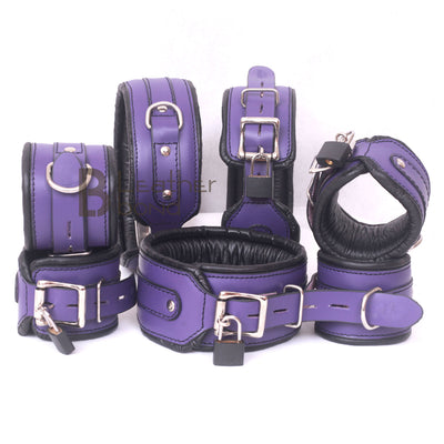 Real Cow Leather Wrist, Ankle Thigh Cuffs Collar Restraint Bondage Set Purple Black 7 Piece Padded Cuffs - Leather Bond