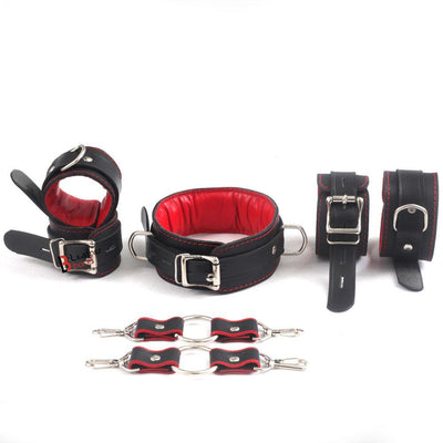 7 Piece Bondage Kit Black Red Luxury Set Soft Padded Genuine Leather Submissive Save Collar Wrist Ankle Cuffs Set Red & Black - Leather Bond